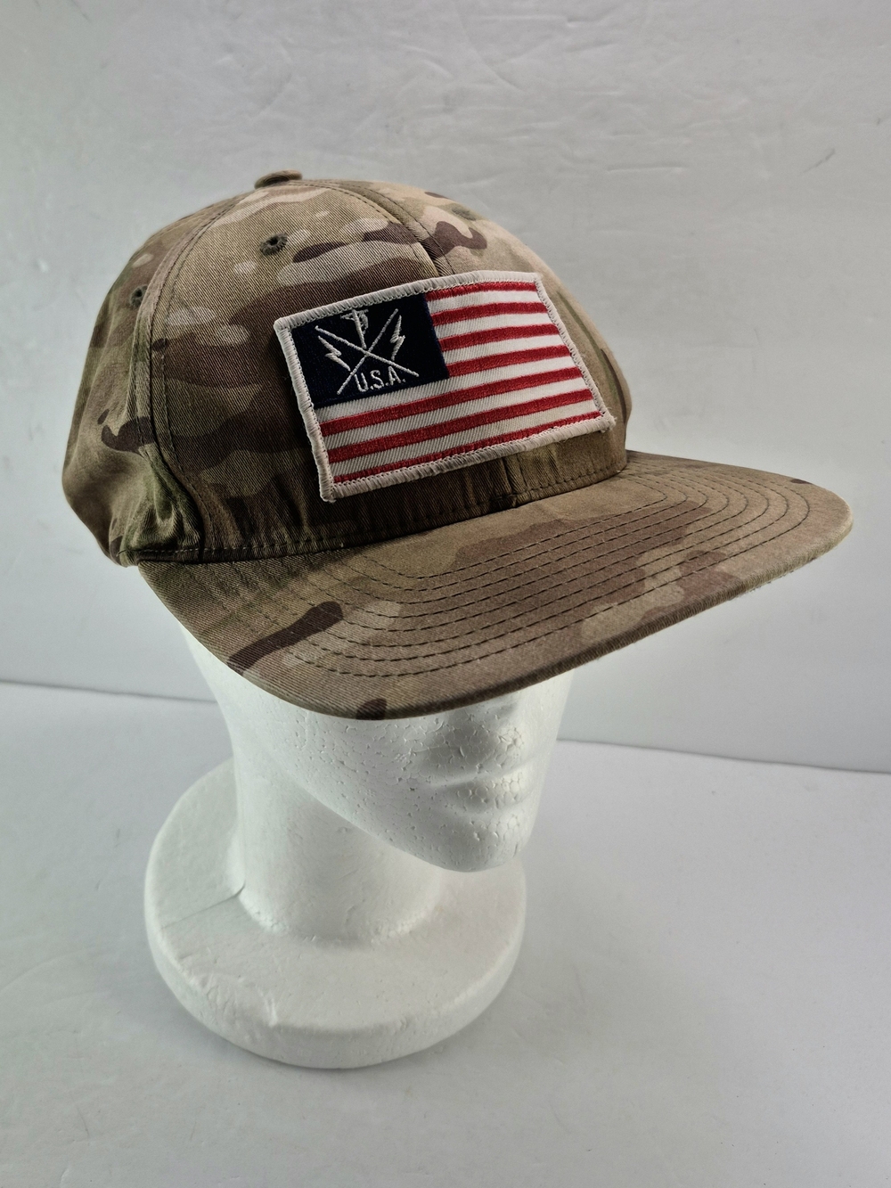 Yupoong Classic Multicam Snapback Hat American Lineman Flag Patch Cap USA Camo